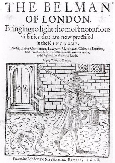 The Bellman of London, od Thomase Dekkera (asi 1570-asi 1641), titulní strana, tisk Nathaniel Butter, 1608 od English School