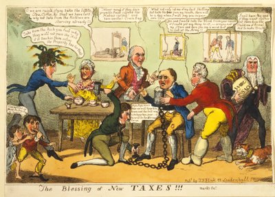 Požehnání nových daní!!!, kolem roku 1819 (ručně kolorovaná rytina) od English School