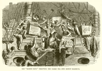 Boston Boys hází Taxed Tea do Boston Harbor od English School
