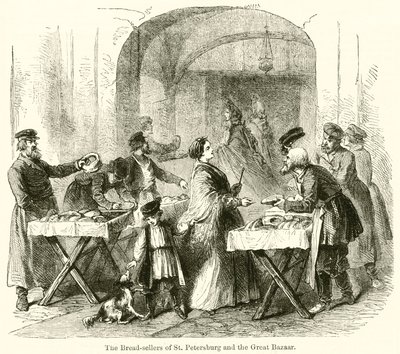 Petrohradští prodavači chleba a Velký bazar (rytina) od English School