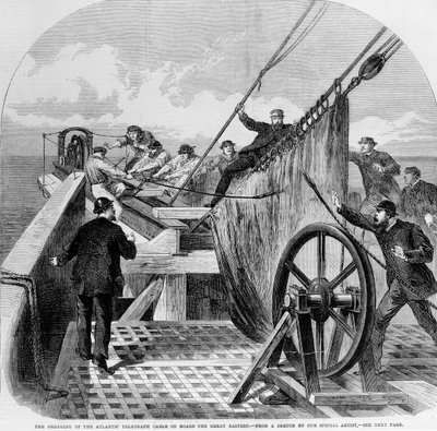 The Breaking of the Atlantic Telegraph Cable on Board the Great Eastern, 1865 (rytina) od English School
