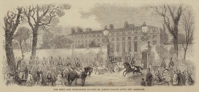 Nevěsta a ženich opouštějí palác svatého Jakuba po svatbě (rytina) od English School