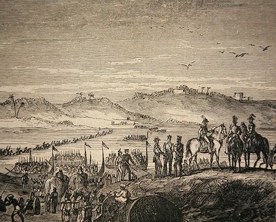 Britská armáda překračuje řeku Sutlej od English School