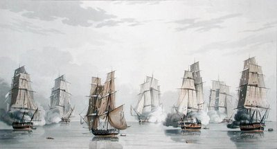 Britská peruť pod velením kapitána Charlese Marshe Schomberga a francouzská peruť pod velením komodora Roqueberta, Becalmed krátce po zahájení akce u Madagaskaru, 20. května 1811 (barevně lito) od English School