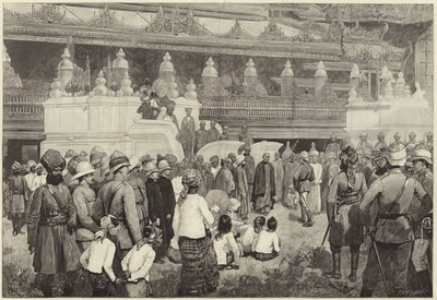 Buddhistický arcibiskup z Barmy přijímá sira Fredericka Robertse v klášteře v Mandalay od English School