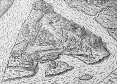„Budova Fort Caroline“, z „Příběhu a kritické historie Ameriky“, editoval Justin Winsor, Londýn, 1886 od English School