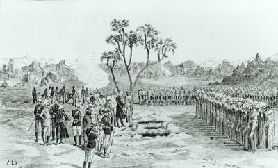 Pohřeb generála Earla a plukovníků Eyrea a Coveneyho v Kirbekanu, z knihy The Campaign of the Cataracts od generála Williama Francise Butlera, vydané v roce 1887. od English School