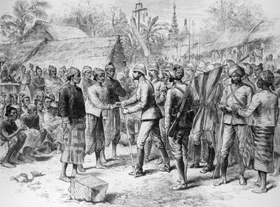 Expedice do Barmy: Rozhovor generála Prendergasta s důstojníky a zbytkem barmské armády, z „The Illustrated London News“, 3. června 1886 (rytina) od English School