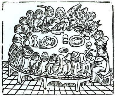 Canterbury Pilgrims sedící u společného jídla, ilustrace z Geoffreyho Chaucera (asi 1345-1400) 