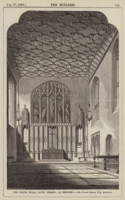 The Chapel Royal, Savoy, Strand, jak restaurováno, pan Sydney Smirke, RA, architekt (rytina) od English School