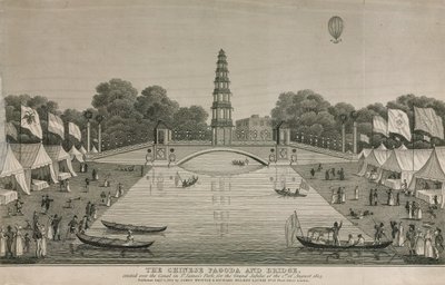 Čínská pagoda a most postavený přes kanál v parku St Jamess při příležitosti Velkého jubilea v roce 1814. od English School