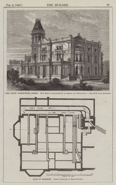 "The Cliff," Eastbourne, Sussex, se speciálním uspořádáním pro kouř a ventilaci, pan H H Vale, architekt (rytina) od English School