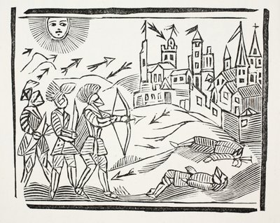 Dobytí Francie se životem a slavnými činy Edwarda Černého prince, ilustrace z Chap-books of the Eighteenth Century od Johna Ashtona, hospoda. 1882 od English School