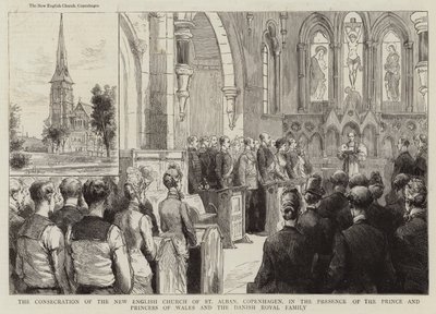 Zasvěcení novoanglického kostela St Alban, Kodaň, za přítomnosti prince a princezny z Walesu a dánské královské rodiny (rytina) od English School