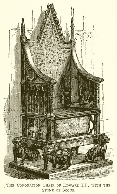 Korunovační křeslo Edwarda III., s Stone of Scone od English School