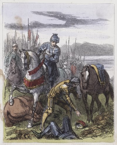 Koruna Richarda III., nalezená na Bosworthském poli (barevná rytina) od English School