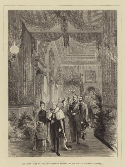 Carova návštěva ve městě, chodba vedoucí do síně Rady, Guildhall (rytina) od English School