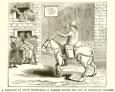 The Defiance to Pitts Horse-Tax - Farmer jedoucí na své krávě na Stockport Market od English School