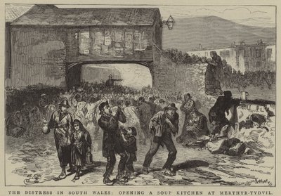 Nouze v jižním Walesu, otevření polévkové kuchyně v Merthyr-Tydvilu (rytina) od English School