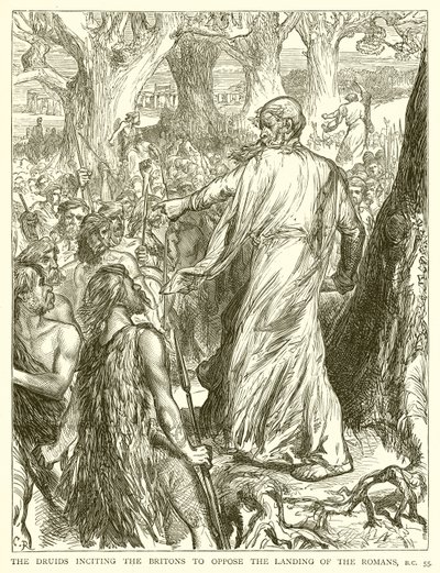 Druidové podněcující Brity, aby se postavili vylodění Římanů, př.n.l. 55 od English School