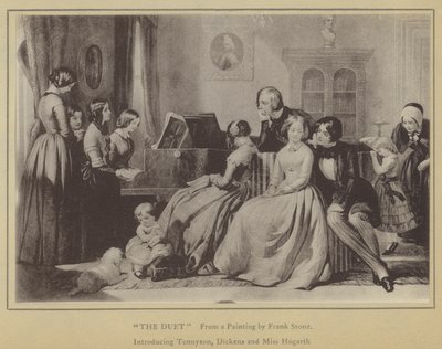 Duet, z obrazu Franka Stonea, představující Tennysona, Dickense a slečnu Hogarthovou (litho) od English School