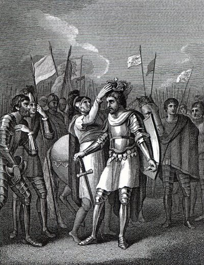 Hrabě z Richmondu zvolil krále po bitvě u Bosworthu, z „Dějiny Anglie“ od Davida Humea a Tobiase Smolletta, 1804 od English School