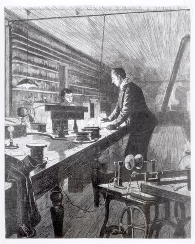 Elektrické světlo, Edison (1847-1931) ve své laboratoři od English School