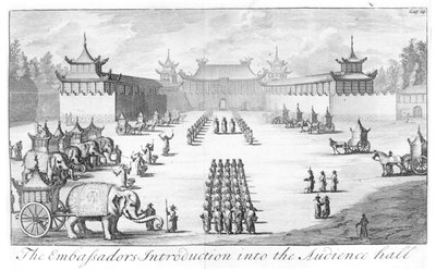 Velvyslanci Úvod do audienční síně: recepce v čínském císařském paláci v Pekingu pro velvyslanectví cara Petra Velikého pod vedením Everta Isbrandze. Ides, z Three Years Travels from Mo od English School