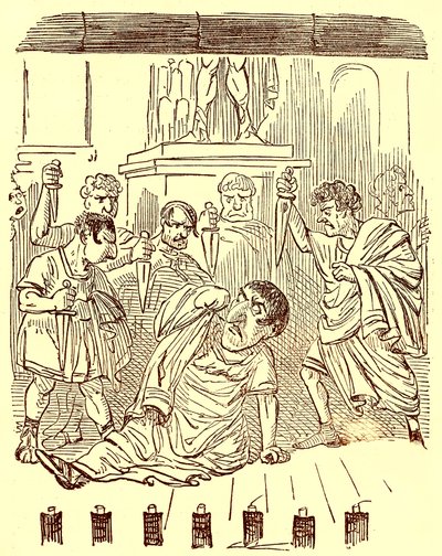 Konec Julia Caesara, ilustrace z Komiksové historie Říma od Gilberta Abbotta a Becketta, vydaná kolem roku 1850 (digitálně vylepšený obrázek) od English School