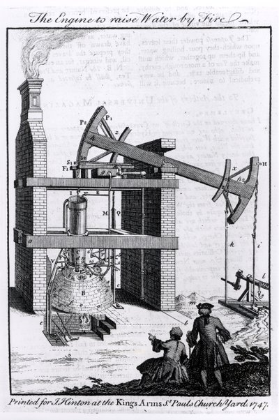 The Engine to Raise Water by Fire, diagram Newcomenova parního stroje pro Universal Magazine, 1747 od English School
