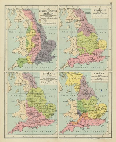 Anglické dobytí Británie. Anglie v osmém století. Anglie při Wedmorské smlouvě nebo Chippenhamu (barevná litografie) od English School