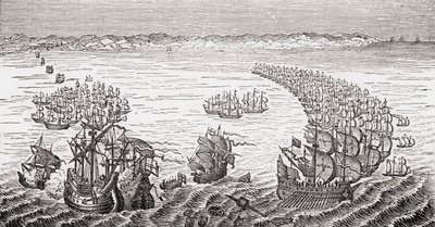 Anglická flotila, které velel sir Francis Drake, útočící na španělskou armádu v roce 1588, z knihy „Stará Anglie