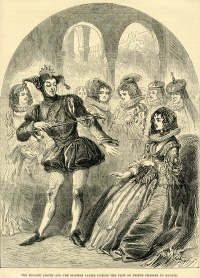 Anglický šašek a španělské dámy během návštěvy prince Charlese v Madridu od English School