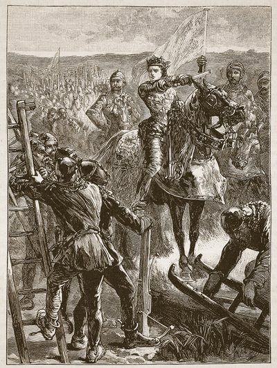 Angličané před Harfleurem, ilustrace z Cassells Illustrated History of England (sépiová fotografie) od English School