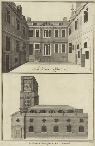 Úřad spotřební daně, Londýn a farní kostel St Olave, Southwark od English School