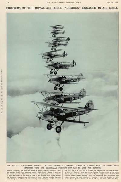 Nejrychlejší dvoumístné letadlo v zemi: Démoni létající ve formaci vpravo nahoru z The Illustrated London News Royal Naval and Military Number, 20. července 1935 od English School
