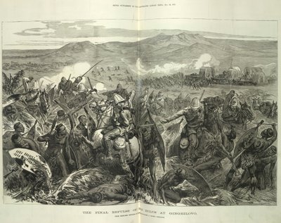 Konečné odražení Zulusů u Ginghilovo, z náčrtů poskytnutých podplukovníkem J. Northem Crealockem. Ilustrace z 