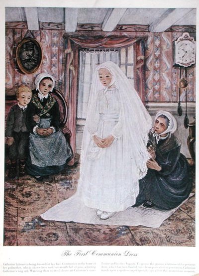 Šaty k prvnímu svatému přijímání, cca 1930 (barevná litografie) od English School