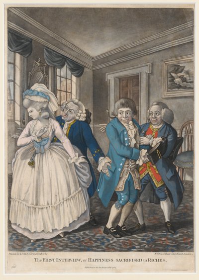 První rozhovor aneb štěstí obětované bohatství, 1784 (ručně kolorovaná mezzotinta) od English School