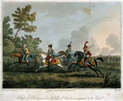 Útěk Bonaparta (1769-1821) z pole Waterloo v roce 1815, 1817 (akvatinta) od English School