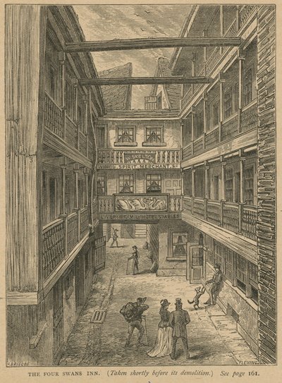 The Four Swans Inn, přijatý krátce před jeho demolicí od English School