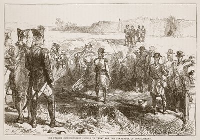 Francouzští komisaři přicházejí léčit kapitulaci Pondicherry, ilustrace z Cassells Illustrated History of India od Jamese Granta, hospoda. 1879 od English School