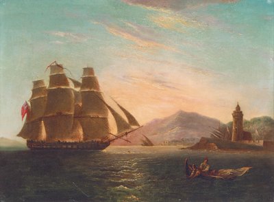 Fregata HMS Pearl, 32 děl, vplouvající do Faro, Messina od English School