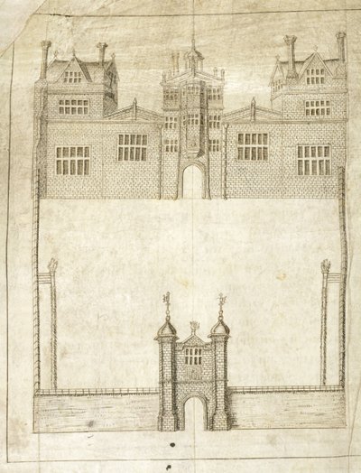 The Front of Wilton House, detail z Survey of Lands pro 1. hraběte z Pembroke, 1566 (pero a inkoust na pergamenu) od English School