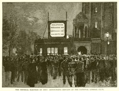 Všeobecné volby z roku 1892: Vyhlášení výsledků v Národním liberálním klubu od English School
