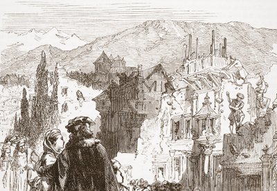 Ženevani ničí předměstí svého města, ilustrace z Historie protestantismu od Jamese Aitkena Wylie (1808-1890), hospoda. 1878 od English School