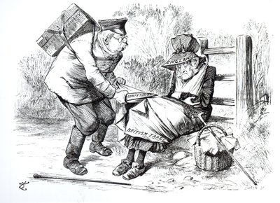 Německý obchodní cestující krade tržní podíly z britského obchodu, karikatura z Punch, The London Charivari, 5. září 1896 od English School