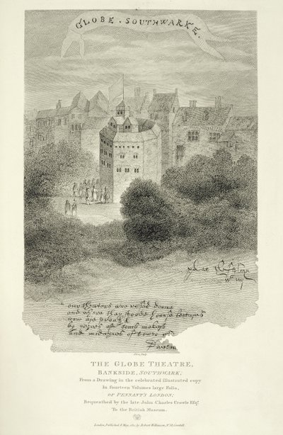The Globe Theatre, Bankside, Southwark, podle kresby z Pennants London, poprvé publikováno 1793, vyryto Jamesem Stowem (asi 1770-s. 1820), publikováno 1812 od English School