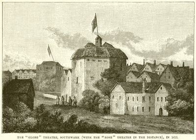 Divadlo Globe, Southwark (s divadlem růží v dálce), v roce 1613 od English School