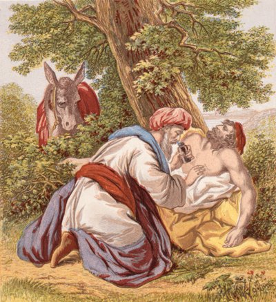 Dobrý Samaritán (barevná rytina) od English School